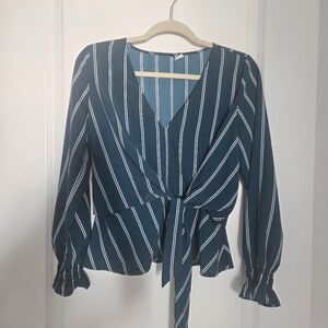 H&M Striped Teal Wrap Front Blouse with Tie